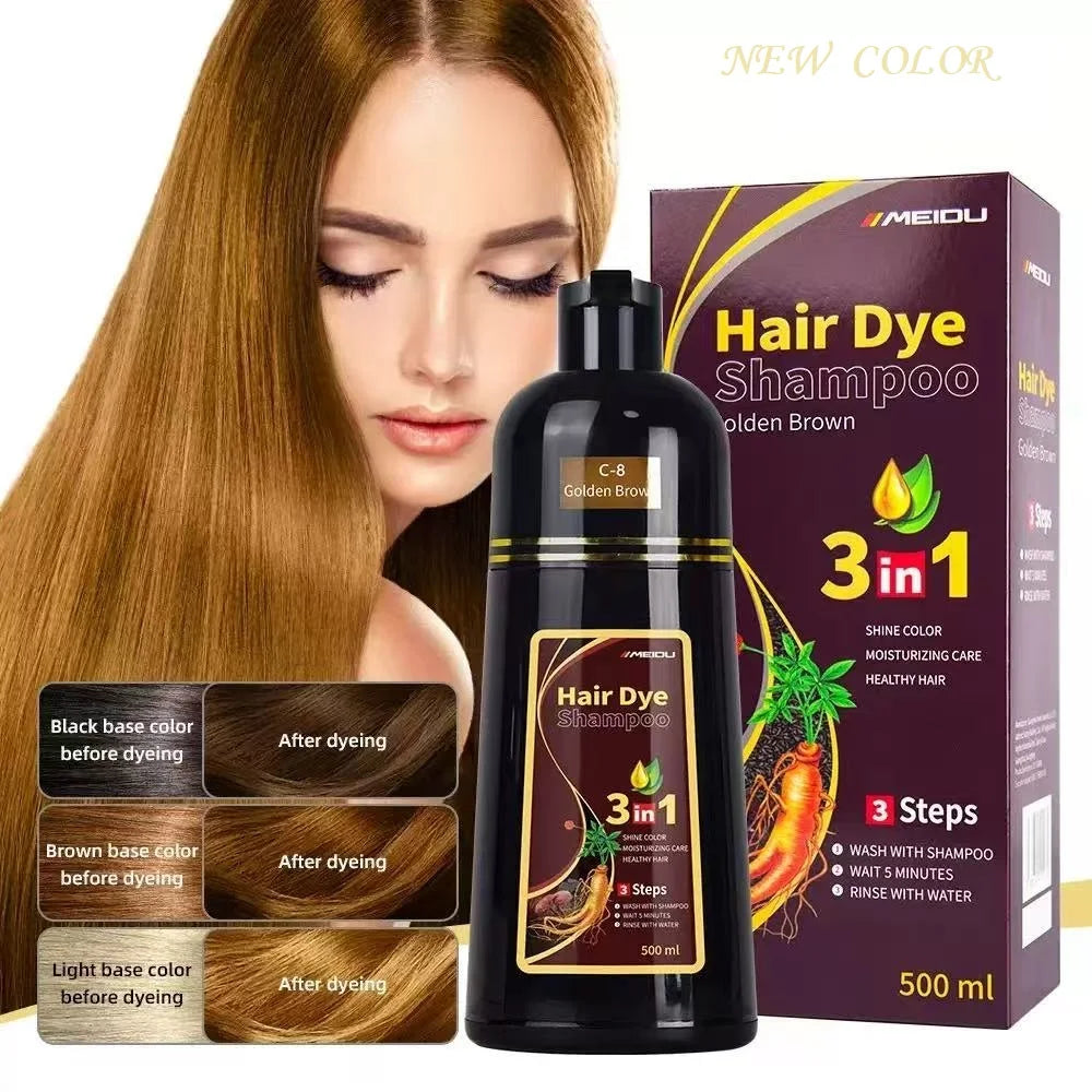 Meidu 3 en 1 shampooing colorant instantané de couleur noir pour cheveux à base de plantes naturelle