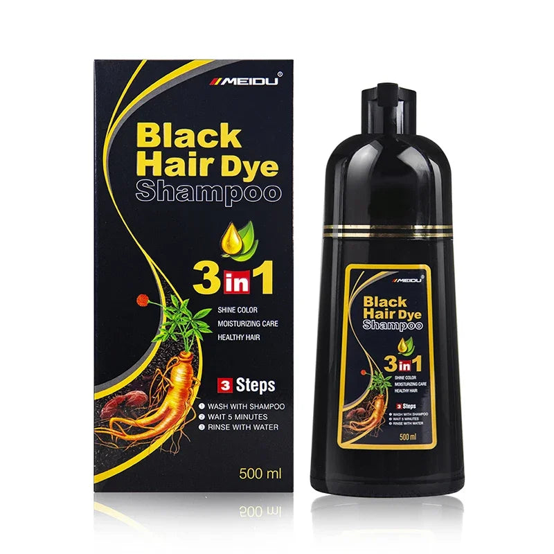 Meidu 3 en 1 shampooing colorant instantané  de couleur noir pour cheveux à base de plantes naturelle