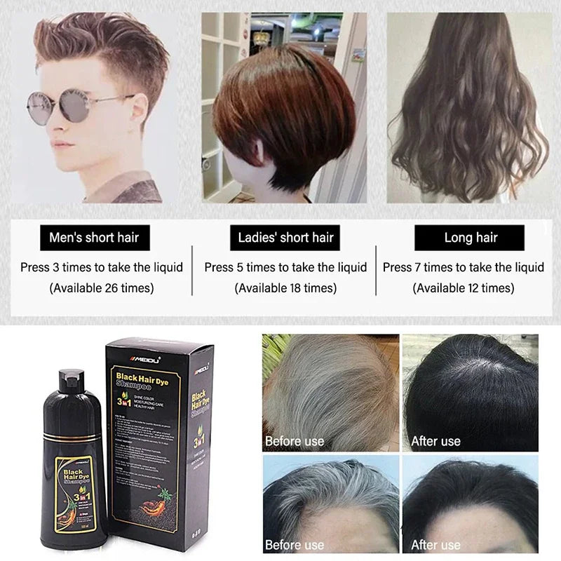 Meidu 3 en 1 shampooing colorant instantané  de couleur noir pour cheveux à base de plantes naturelle