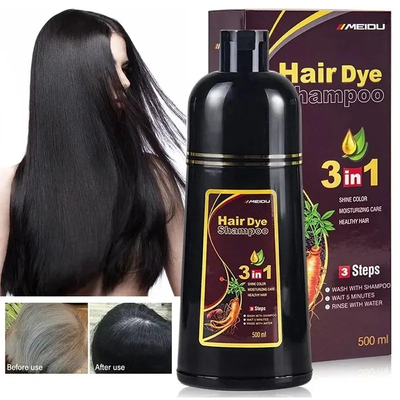 Meidu 3 en 1 shampooing colorant instantané  de couleur noir pour cheveux à base de plantes naturelle