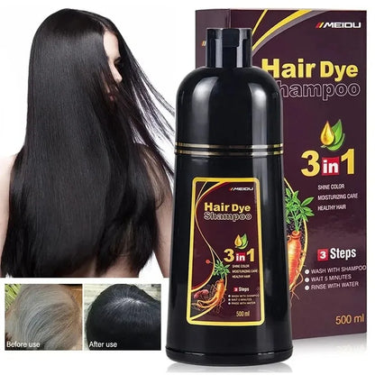 Meidu 3 en 1 shampooing colorant instantané  de couleur noir pour cheveux à base de plantes naturelle