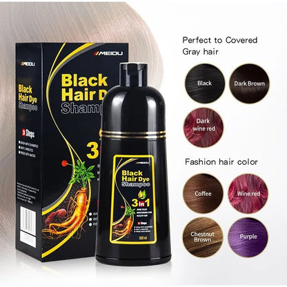 Meidu 3 en 1 shampooing colorant instantané  de couleur noir pour cheveux à base de plantes naturelle